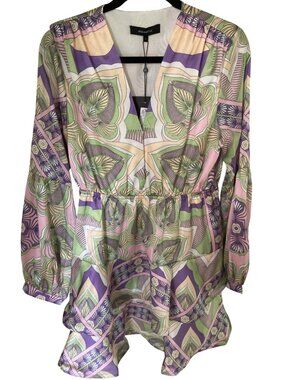 BEULAHSTYLE Geometric Print Purple&Green Long Sleeve Tiered Mini Dress LargeNWT
